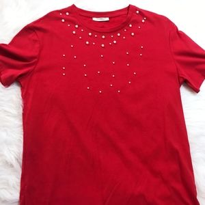 Zara Trafaluc Sz M Red Pearl Embellished Top